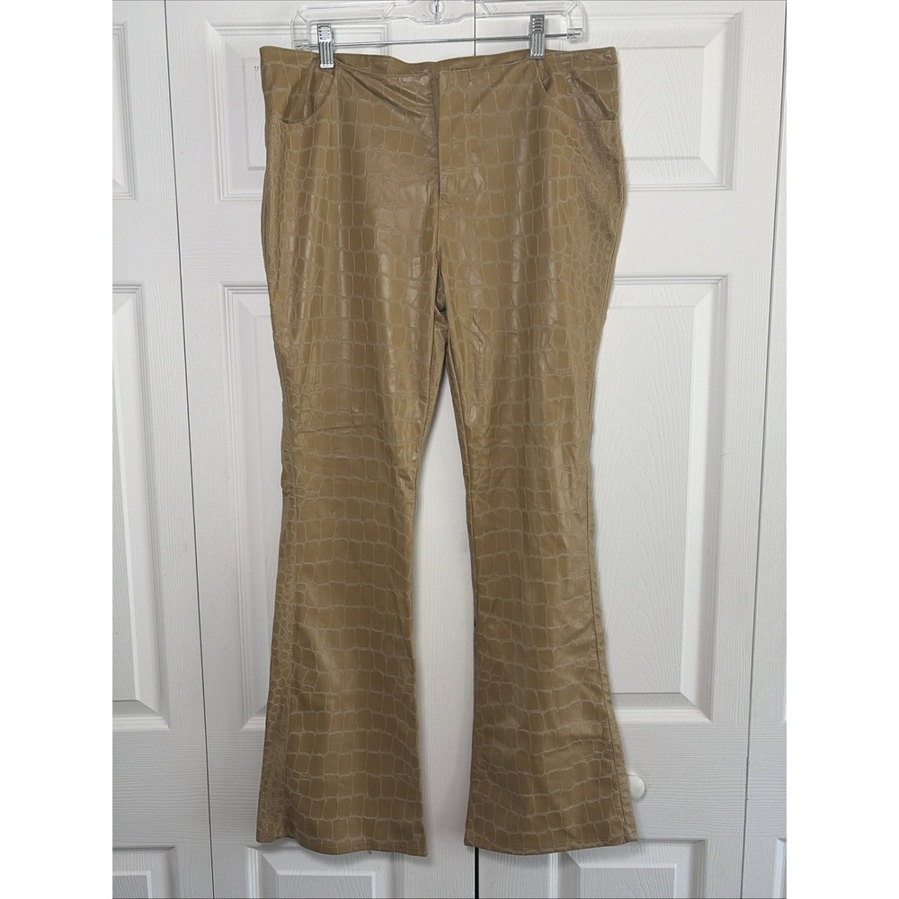 Neutral Zone Croc Embossed Faux Leather Pants Womens Size L Tan Y2K Flare PVC